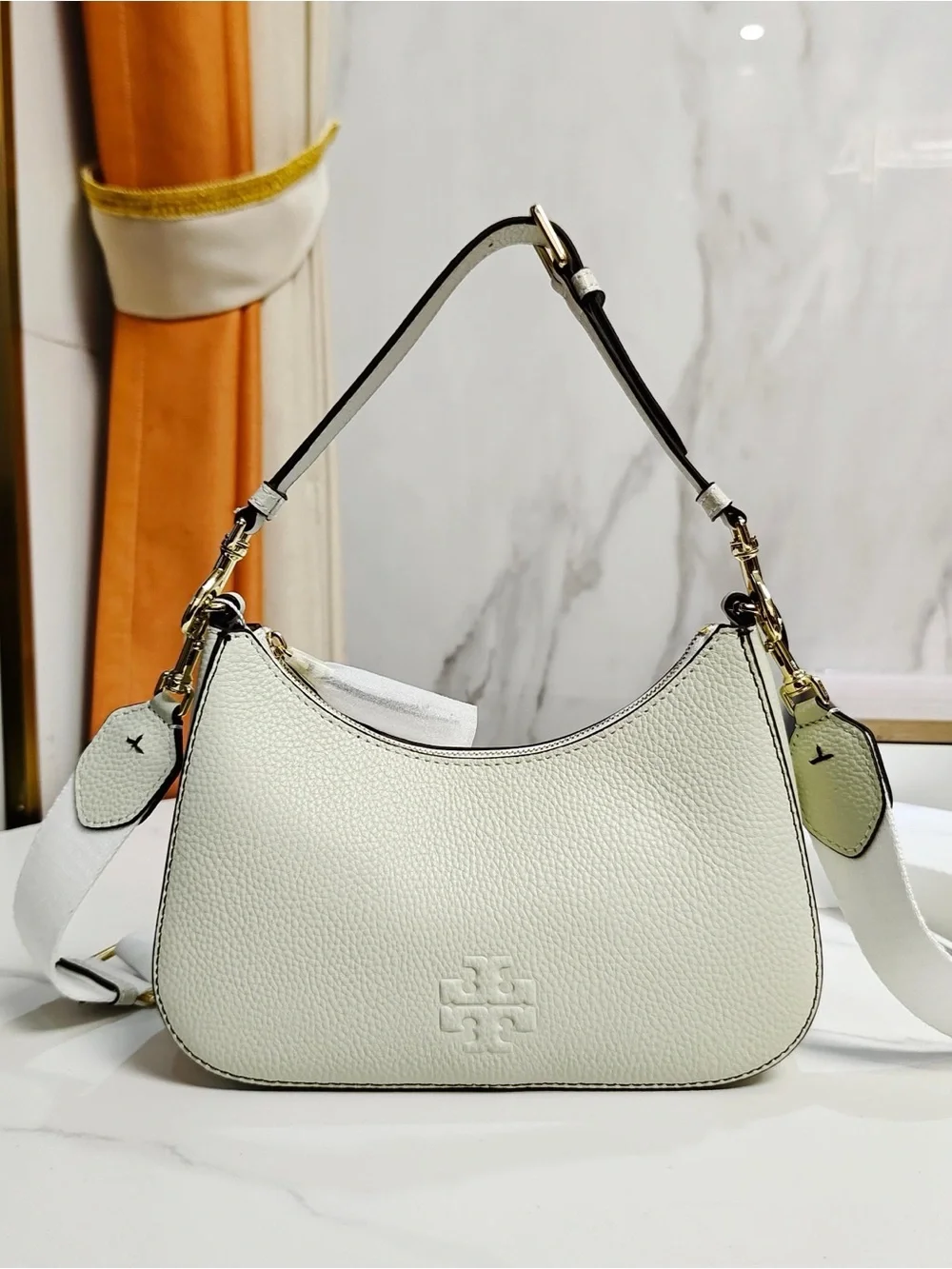 Tory Burch Off-White Pebbled Leather Shoulder Hobo